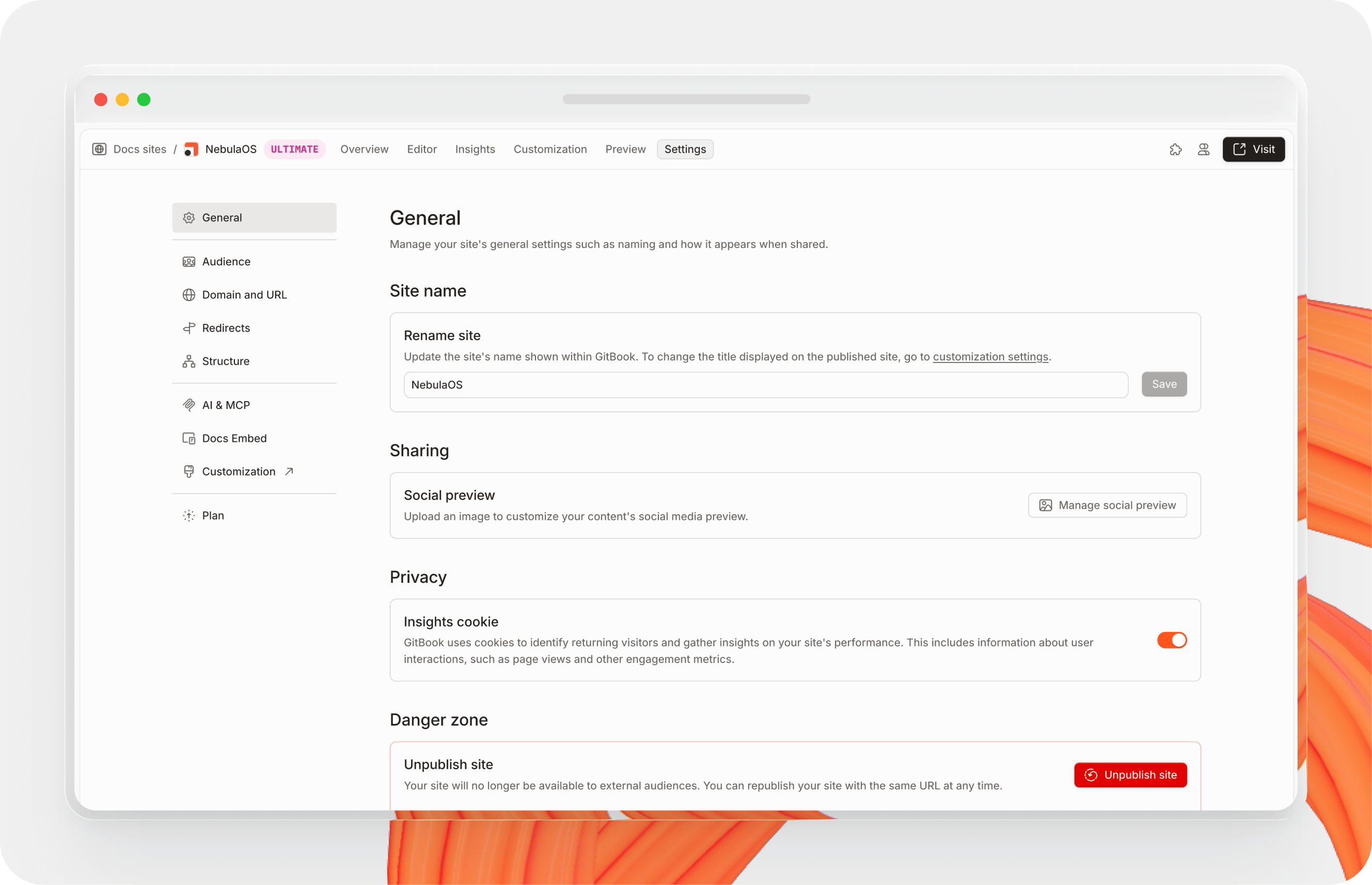 A GitBook screenshot showing site settings