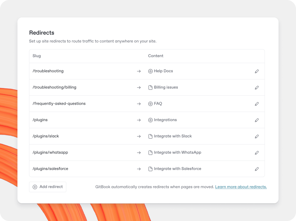 A GitBook screenshot showing site redirects