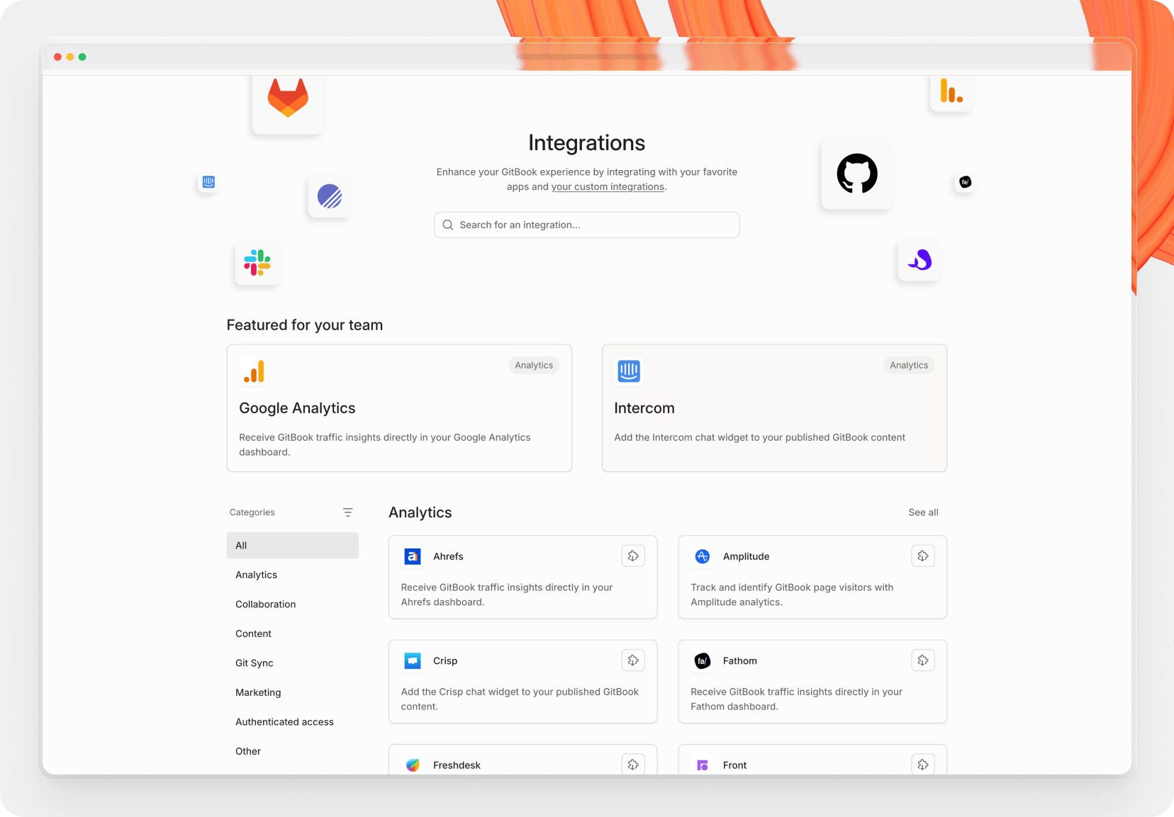 A GitBook screenshot showing the integration library