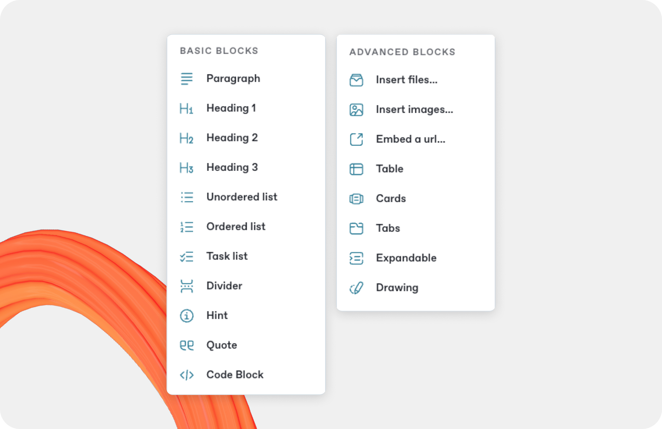 A GitBook screenshot showing the available content blocks